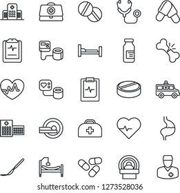 Thin Line Icon Set - heart pulse vector, doctor case, stethoscope, blood pressure, pills, ampoule, scalpel, tomography, ambulance car, hospital bed, stomach, broken bone, clipboard