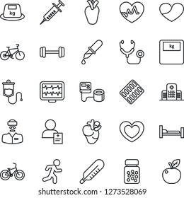 Thin Line Icon Set - heart vector, pulse, monitor, stethoscope, syringe, blood pressure, dropper, thermometer, scales, pills bottle, blister, barbell, bike, run, hospital bed, real, doctor, patient