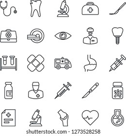 Thin Line Icon Set - heart pulse vector, doctor case, diagnosis, stethoscope, syringe, blood test vial, microscope, pills bottle, ampoule, scalpel, patch, tomography, ambulance car, stomach, caries