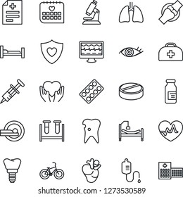 Thin Line Icon Set - heart pulse vector, monitor, doctor case, diagnosis, syringe, blood test vial, dropper, microscope, pills, blister, ampoule, tomography, bike, shield, hospital bed, hand, lungs