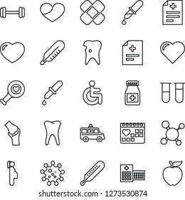 Thin Line Icon Set - heart vector, diagnosis, molecule, blood test vial, dropper, thermometer, diagnostic, pills bottle, patch, ambulance car, barbell, disabled, tooth, caries, joint, hospital