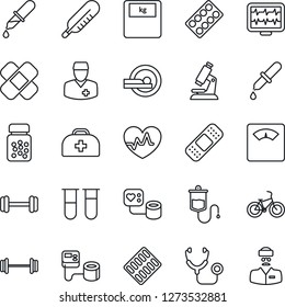 Thin Line Icon Set - heart pulse vector, monitor, doctor case, stethoscope, blood pressure, test vial, dropper, thermometer, microscope, scales, pills bottle, blister, patch, tomography, barbell