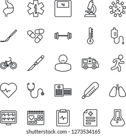 Thin Line Icon Set - heart pulse vector, monitor, diagnosis, stethoscope, dropper, thermometer, microscope, scales, pills, scalpel, ambulance star, car, barbell, bike, run, stomach, lungs, clipboard