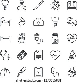 Thin Line Icon Set - heart pulse vector, doctor case, diagnosis, stethoscope, blood test vial, dropper, microscope, pills, bottle, blister, scalpel, hospital bed, stomach, lungs, implant, clipboard
