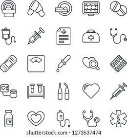 Thin Line Icon Set - heart vector, monitor pulse, doctor case, diagnosis, stethoscope, syringe, blood pressure, test vial, dropper, diagnostic, scales, pills, blister, ampoule, patch, tomography