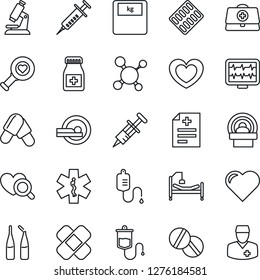 Thin Line Icon Set - heart vector, monitor pulse, doctor case, diagnosis, molecule, syringe, dropper, diagnostic, microscope, scales, pills, bottle, blister, ampoule, patch, tomography, hospital bed