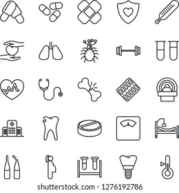 Thin Line Icon Set - heart pulse vector, stethoscope, blood test vial, thermometer, scales, pills, blister, ampoule, patch, tomography, barbell, shield, hospital bed, hand, lungs, caries, implant