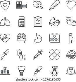 Thin Line Icon Set - heart vector, pulse, syringe, blood pressure, dropper, thermometer, diagnostic, pills bottle, patch, tomography, shield, stomach, lungs, implant, medical calendar, clipboard