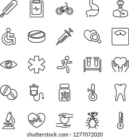 Thin Line Icon Set - heart pulse vector, syringe, blood test vial, dropper, thermometer, diagnostic, microscope, scales, pills, bottle, ambulance star, bike, run, disabled, hand, stomach, tooth, eye