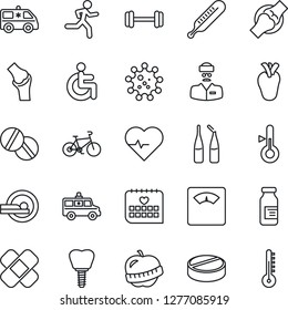 Thin Line Icon Set - heart pulse vector, thermometer, scales, pills, ampoule, patch, tomography, ambulance car, barbell, bike, run, disabled, real, implant, joint, medical calendar, diet, doctor