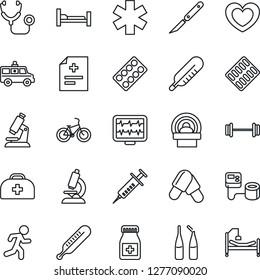 Thin Line Icon Set - heart vector, monitor pulse, doctor case, diagnosis, stethoscope, syringe, blood pressure, thermometer, microscope, pills, bottle, blister, ampoule, scalpel, tomography, car
