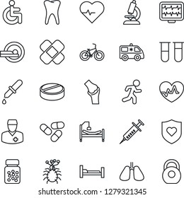 Thin Line Icon Set - heart pulse vector, monitor, syringe, blood test vial, dropper, microscope, pills, bottle, patch, tomography, ambulance car, bike, run, shield, hospital bed, disabled, lungs