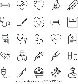 Thin Line Icon Set - heart vector, pulse, diagnosis, stethoscope, syringe, blood test vial, dropper, thermometer, microscope, scales, pills, bottle, blister, scalpel, patch, tomography, barbell