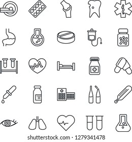 Thin Line Icon Set - heart pulse vector, blood test vial, dropper, thermometer, pills, bottle, blister, ampoule, tomography, ambulance star, hospital bed, stomach, lungs, caries, eye, joint, flask