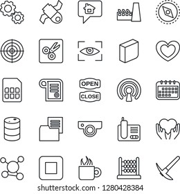Thin Line Icon Set - heart vector, hand, molecule, satellite, folder document, oil barrel, radio phone, stop button, sim, cut, compass, abacus, blank box, target, factory, coffee, open close, gear