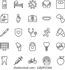 Thin Line Icon Set - heart pulse vector, monitor, doctor case, diagnosis, stethoscope, syringe, scales, pills, ampoule, scalpel, tomography, bike, run, shield, hospital bed, hand, caries, implant