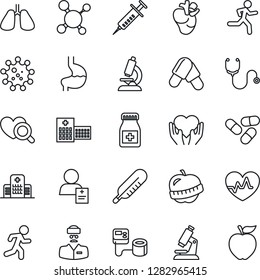 Thin Line Icon Set - heart pulse vector, molecule, stethoscope, syringe, blood pressure, thermometer, diagnostic, microscope, pills, bottle, run, hand, stomach, lungs, real, diet, hospital, doctor