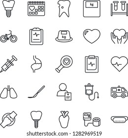 Thin Line Icon Set - heart pulse vector, syringe, blood pressure, test vial, dropper, diagnostic, scales, scalpel, ambulance car, bike, hand, stomach, lungs, real, caries, implant, joint, clipboard