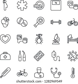 Thin Line Icon Set - heart vector, doctor case, stethoscope, blood pressure, dropper, thermometer, diagnostic, microscope, scales, pills, blister, ampoule, tomography, ambulance star, barbell, bike