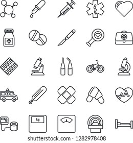 Thin Line Icon Set - heart vector, pulse, doctor case, molecule, syringe, blood pressure, dropper, thermometer, diagnostic, microscope, scales, pills, bottle, blister, ampoule, scalpel, patch, car