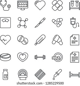Thin Line Icon Set - heart vector, pulse, monitor, diagnosis, molecule, stethoscope, blood test vial, dropper, thermometer, scales, pills, blister, ampoule, scalpel, patch, tomography, barbell