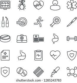 Thin Line Icon Set - heart pulse vector, monitor, doctor case, diagnosis, dropper, diagnostic, pills, blister, ampoule, scalpel, tomography, ambulance star, barbell, run, shield, stomach, clipboard