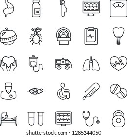 Thin Line Icon Set - heart pulse vector, monitor, stethoscope, blood test vial, dropper, thermometer, scales, pills, ampoule, tomography, ambulance car, hospital bed, disabled, hand, stomach, lungs