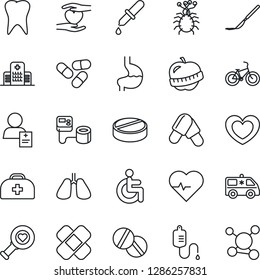 Thin Line Icon Set - heart vector, pulse, doctor case, blood pressure, dropper, diagnostic, pills, scalpel, patch, ambulance car, bike, disabled, hand, stomach, lungs, tooth, diet, hospital, patient