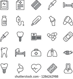 Thin Line Icon Set - Heart Pulse Vector, Doctor Case, Diagnosis, Dropper, Thermometer, Pills, Blister, Ampoule, Patch, Hospital Bed, Stomach, Lungs, Caries, Implant, Eye, Joint, Clipboard, Flask