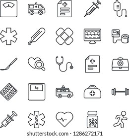 Thin Line Icon Set - heart pulse vector, monitor, doctor case, diagnosis, stethoscope, syringe, blood pressure, dropper, thermometer, diagnostic, scales, pills bottle, blister, scalpel, patch, car