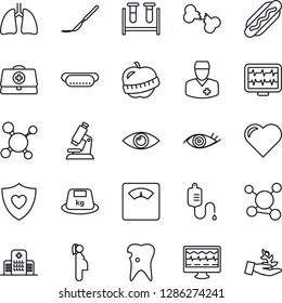 Thin Line Icon Set - heart vector, monitor pulse, doctor case, molecule, blood test vial, dropper, microscope, scales, scalpel, shield, lungs, caries, eye, broken bone, diet, hospital, pregnancy