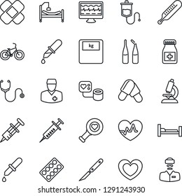 Thin Line Icon Set - heart vector, pulse, monitor, stethoscope, syringe, blood pressure, dropper, thermometer, diagnostic, microscope, scales, pills, bottle, blister, ampoule, scalpel, patch, bike