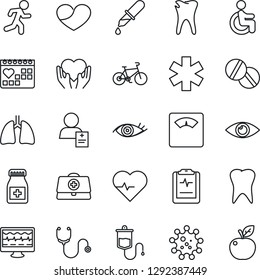 Thin Line Icon Set - heart pulse vector, monitor, doctor case, stethoscope, dropper, scales, pills, bottle, ambulance star, bike, run, disabled, hand, lungs, tooth, caries, eye, medical calendar