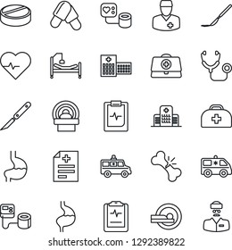 Thin Line Icon Set - heart pulse vector, doctor case, diagnosis, stethoscope, blood pressure, pills, scalpel, tomography, ambulance car, hospital bed, stomach, broken bone, clipboard