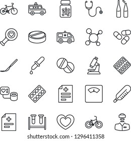 Thin Line Icon Set - heart vector, diagnosis, molecule, stethoscope, blood pressure, test vial, dropper, thermometer, diagnostic, microscope, scales, pills, bottle, blister, ampoule, scalpel, bike