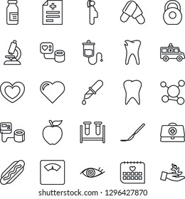 Thin Line Icon Set - heart vector, doctor case, diagnosis, blood pressure, test vial, dropper, microscope, scales, pills, ampoule, scalpel, ambulance car, tooth, caries, eye, medical calendar, heavy