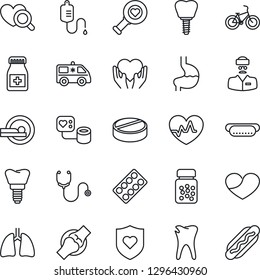 Thin Line Icon Set - heart pulse vector, stethoscope, blood pressure, dropper, diagnostic, pills, bottle, blister, tomography, ambulance car, bike, shield, hand, stomach, lungs, caries, implant