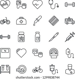 Thin Line Icon Set - heart vector, pulse, doctor case, stethoscope, syringe, blood pressure, test vial, dropper, scales, pills bottle, blister, ampoule, scalpel, tomography, ambulance car, barbell