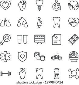 Thin Line Icon Set - heart vector, pulse, monitor, diagnosis, blood pressure, test vial, diagnostic, pills, blister, ampoule, tomography, ambulance star, barbell, bike, shield, disabled, hand, lungs