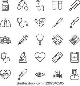 Thin Line Icon Set - heart pulse vector, stethoscope, syringe, blood test vial, dropper, thermometer, microscope, pills, bottle, blister, scalpel, patch, ambulance car, lungs, implant, eye, hospital