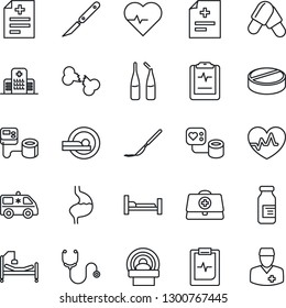 Thin Line Icon Set - heart pulse vector, doctor case, diagnosis, stethoscope, blood pressure, pills, ampoule, scalpel, tomography, ambulance car, hospital bed, stomach, broken bone, clipboard