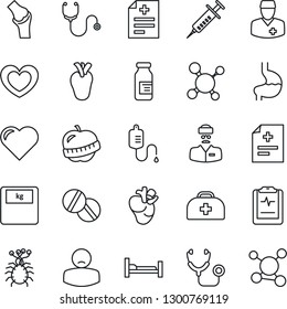 Thin Line Icon Set - heart vector, doctor case, diagnosis, molecule, stethoscope, syringe, dropper, scales, pills, ampoule, hospital bed, stomach, real, joint, pulse clipboard, diet, patient, virus