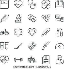Thin Line Icon Set - heart vector, pulse, doctor case, diagnosis, stethoscope, blood pressure, test vial, dropper, thermometer, microscope, scales, pills, blister, ampoule, scalpel, patch, car, bike