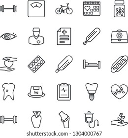 Thin Line Icon Set - heart pulse vector, doctor case, diagnosis, dropper, thermometer, scales, pills bottle, blister, barbell, bike, hospital bed, hand, real, caries, implant, eye, joint, clipboard