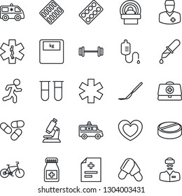Thin Line Icon Set - heart vector, doctor case, diagnosis, blood test vial, dropper, microscope, scales, pills, bottle, blister, scalpel, tomography, ambulance star, car, barbell, bike, run