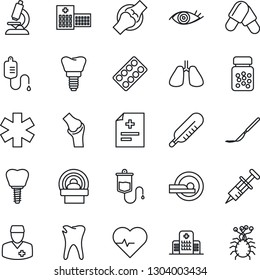 Thin Line Icon Set - heart pulse vector, diagnosis, syringe, dropper, thermometer, microscope, pills, bottle, blister, scalpel, tomography, ambulance star, lungs, caries, implant, eye, joint, doctor