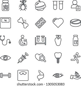 Thin Line Icon Set - heart vector, stethoscope, syringe, blood test vial, diagnostic, scales, pills, bottle, blister, ampoule, barbell, run, disabled, stomach, real, implant, eye, broken bone, diet