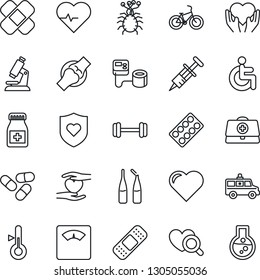 Thin Line Icon Set - heart vector, pulse, doctor case, syringe, blood pressure, diagnostic, microscope, scales, pills, bottle, blister, ampoule, patch, ambulance car, barbell, bike, shield, disabled