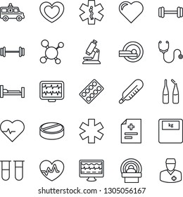 Thin Line Icon Set - heart vector, pulse, monitor, diagnosis, molecule, stethoscope, blood test vial, thermometer, microscope, scales, pills, blister, ampoule, tomography, ambulance star, car