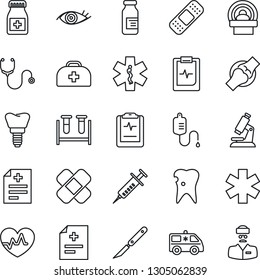 Thin Line Icon Set - heart pulse vector, doctor case, diagnosis, stethoscope, syringe, blood test vial, dropper, microscope, pills bottle, ampoule, scalpel, patch, tomography, ambulance star, car